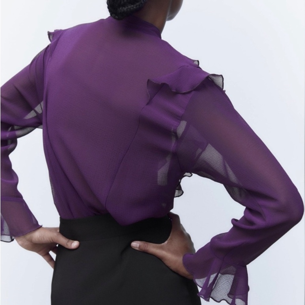 Zara Deep Purple Sheer Ruffle Blouse - Picture 5 of 11